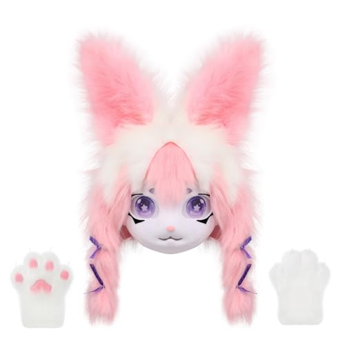 CROOOLTRRY Funny Mask and Claw Set Furry Costume for Adult Cosplay Anime Halloween Cheshire Cat Masquerade Party (TGSET01-Pinkwhite) by CROOOLTRRY - Used condition - US$56.99