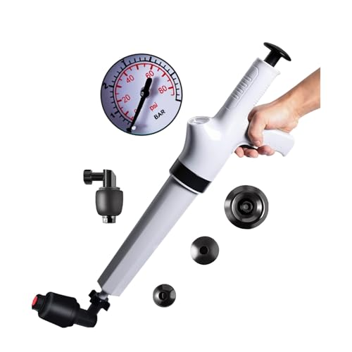 Qcesorib Rohrreiniger Druckluft Wc mit 4 Austauschbaren Köpfen, Pressluft Rohrreiniger mit Luftdruckanzeige, Hochdruck Toilettenkolben, Rohrreiniger Druckluft, für Waschbecken Bodenablauf