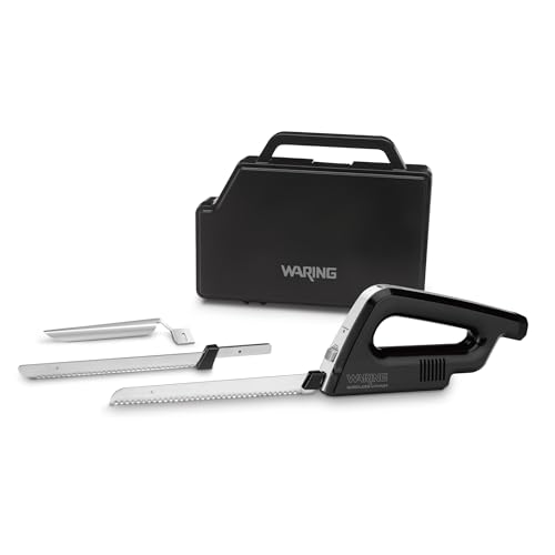 Waring Commercial WEK200 Cordless Rechargeable Electric Knife w/Bread and Carving Blades, Includes Case, 120V, 5-15 Phase Plug, Black