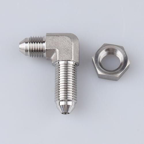 Image of Stainless Steel 90 degree -3 AN Male to -3 AN Male Flare Bulkhead Pipe Hose Fittings Adapter with AN3 Stainless Bulkhead Lock Nut