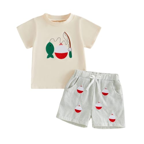 Fufuriprefer Toddler Baby Boy Fishing Outfit Short Sleeve T-Shirt & Shorts Set Fish Lure Embroidery 2Pcs Summer Clothes (Khaki 6-12 Months)