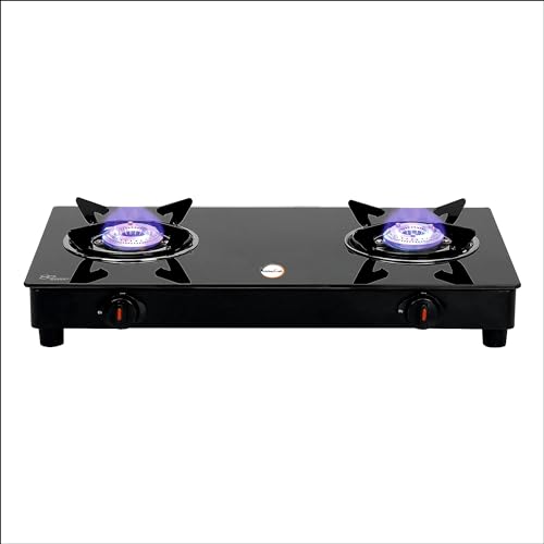 Image of KitchenCraft 2 Burner Toughened Glass Top |LPG Gas Stoves|Black|Manual Ignition|Fixed Stainless Steel Drip Trays|Anti-Skid Feet|KCGT 2001