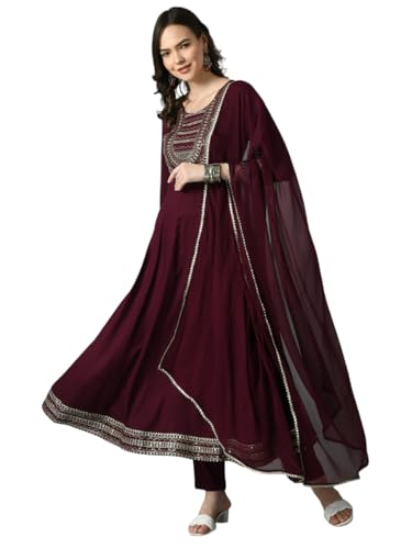 Image of Amazon Brand - Tavasya Women Rayon Straight Kurta Pant Dupatta Set | Embroidered Ethnic Suit Set | Regular Fit Kurta with Pant & Dupatta