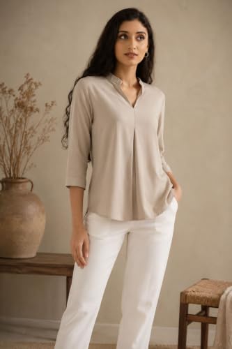 Image of SAADAA Top for Women, Viscose Pleated Tops, V-Neck with a Collar, 3 /4 Sleeve Length, Office & Casual Wear