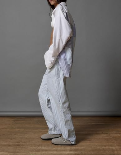 LifeShe Women Striped Baggy Barrel Jean Low Rise Straight Denim Pants Patch Pocket Barrel Trousers3