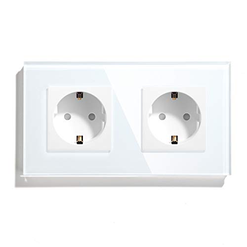 BSEED Plug de parede, 2 x 16 A Schuko tomada com moldura de vidro - adapta-se a tomadas de energia padrão - branco
