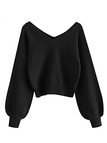 Image of ZAFUL Women's Cropped Sweater V-Neck Long Sleeve Pullover Jumper Knit Top | Crop Length, Ribbed Knit, Double V design, White sweater, Raglan sleeves, lantern sleeve, Fall & Winter, Loose fit, Oversized