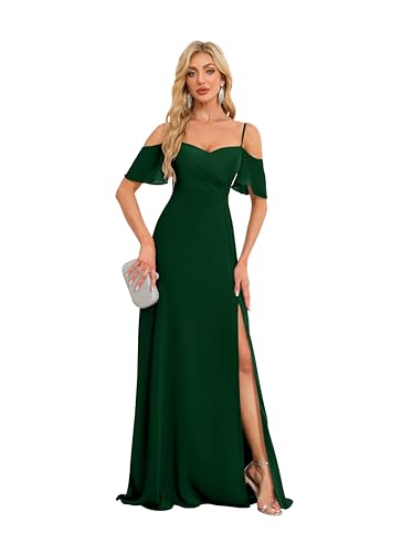 Image of A Line Chiffon Bridesmaid Dresses with Slit Off The Shoulder Formal Evening Gowns US22W HGR93 Emerald Green