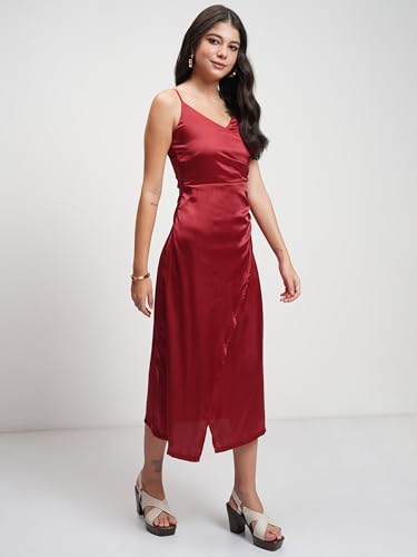 Image of Tokyo Talkies Womens Satin Overlapping Midi Dress | Strappy Silhouette & Luxe Finish | Elegant & Chic for Any Occasion | Dress for Women | Women Dress | Stylish Women Dress