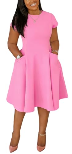 Image of Summer Dresses for Women Semi-Formal Fit Casual Slim Short Sleeve O-Neck Elegant Swing A Line Midi Dresses with Pockets