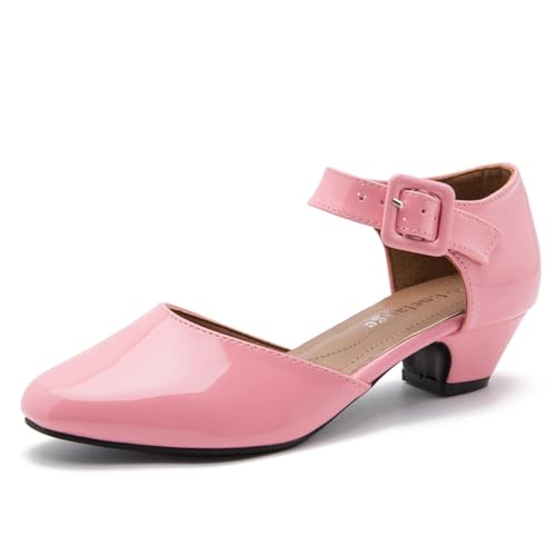 Enelauge Women's Ankle Strap Closed Toe Low Chunky Heel Dress Work Pumps Pu Pink 40-8 US