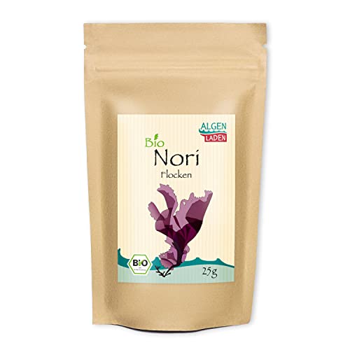 ALGENLADEN BIO Nori Flakes - 25g | geringer Jodgehalt | Purpurtang | Rotalgen aus dem Atlantik | Rohkost | Vegan Cover