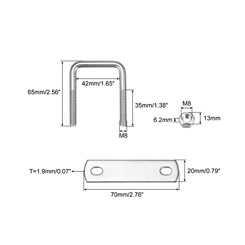 Image of uxcell Square U-Bolts, 2 Sets 42mm(1.65 inch) Inner Width 65mm Length M8 304 Stainless Steel U Clamp Bolt with Nuts and Plates, for Boat Trailer