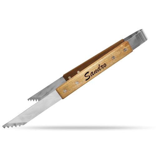 Mit Namen personalisierte Grillzange mit Gravur und Holzgriff aus Akazienholz Geschenk für Papa Grillbesteck personalisiert Vatertag Grillgeschenk (Grillzange personalisiert ohne Tasche)