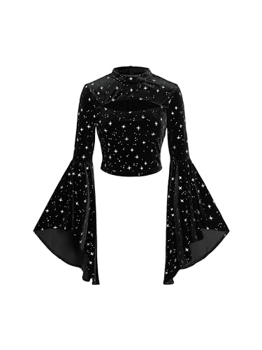 CIDER Velvet Star Pattern Bell Sleeve Crop Top