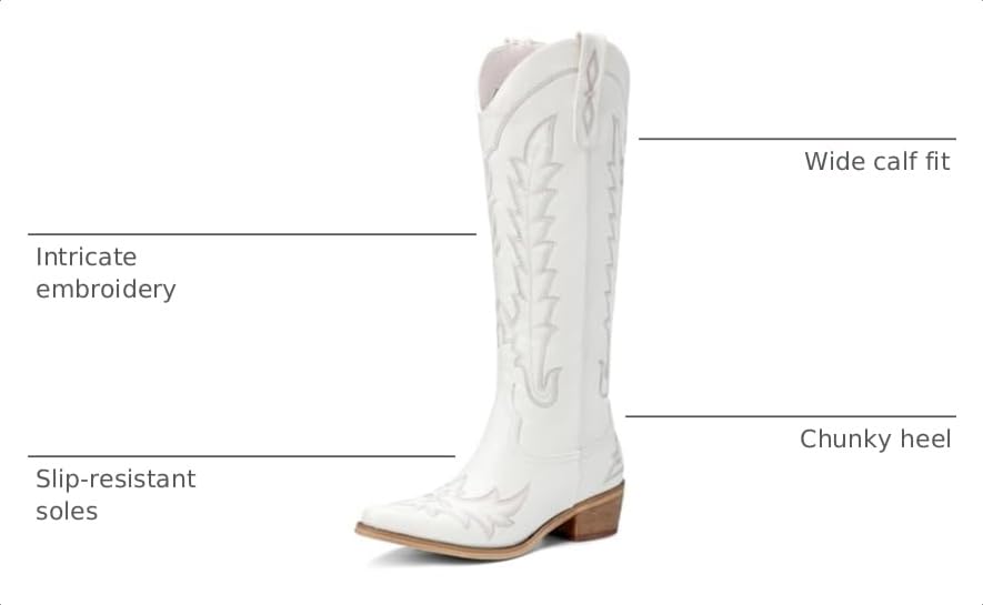Image of Rivalran Cowboy Boots for Women - Knee High Pointed Toe Chunky Heel Pull On Zipper Western Cowgirl Boots, Retro Country Vintage Fashion Tall Boots