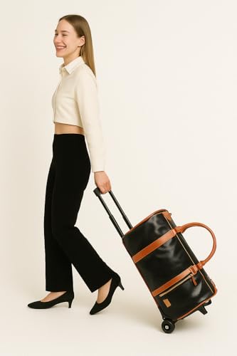 Image of FUOCO Carry On Travel Trolley Bag, PU Leather Mega Garment Duffle Bag for Women Men, Convertible Duffle Bag for Travel, 2 in 1 Hanging Suitcase Suit Traveling Bag 1 Year Warranty (Black Tan)
