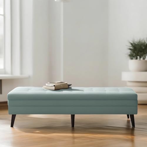 Image of Upholstered Storage Ottoman Bench for Bedroom & Living Room | 4 Ft Tufted End of Bed Bench with Hidden Storage | Long Sofa Bench Seating with Wooden Legs | Multipurpose Ottoman Bench Stool, Sky Blue