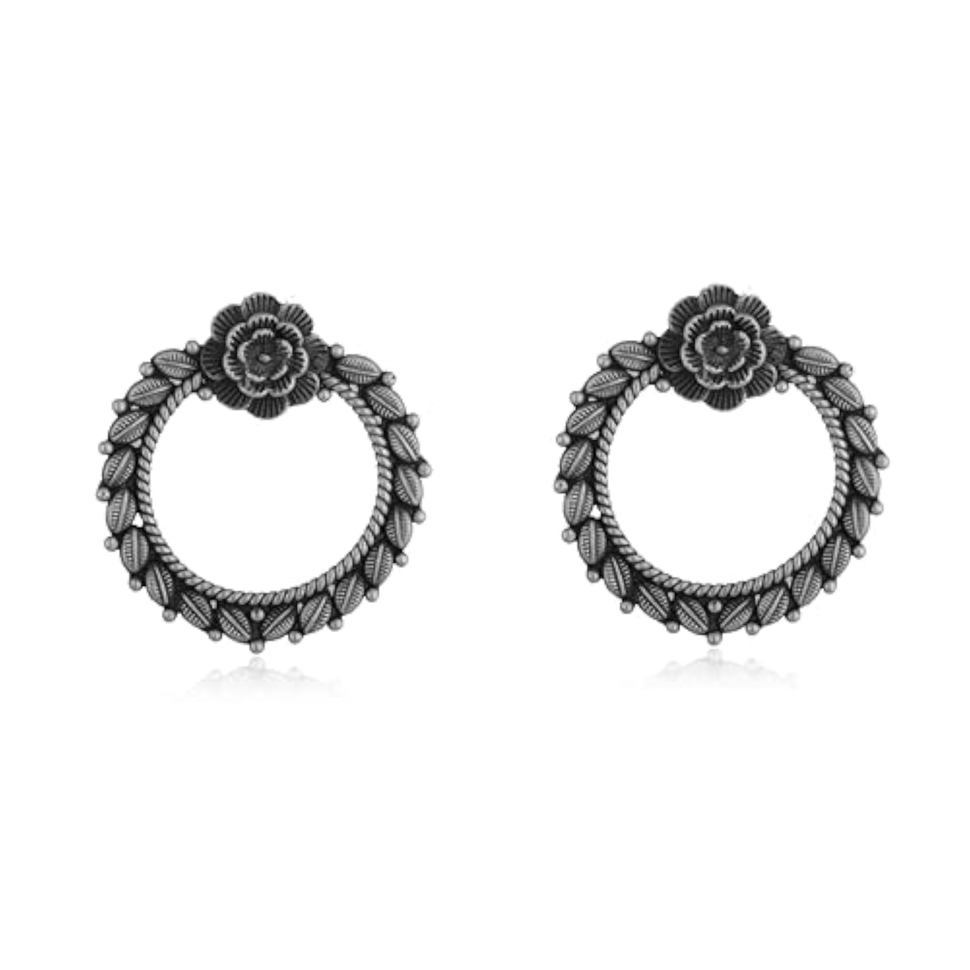 Women's Delicate Floral Leaf 925 Silver Oxidised Earrings