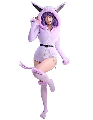 Mobbunny Anime Derivative Strampelanzug, Einteiler, Pyjama, Body mit Schwanz, Gürtel und Socken, flauschig, figurbetont, mit Kapuze (lila, groß)