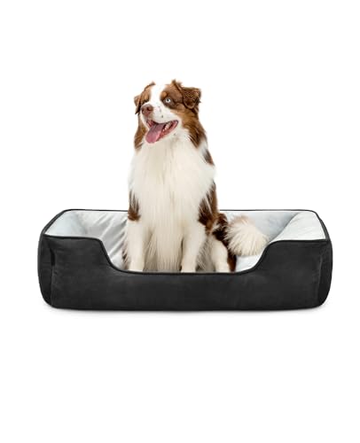 lionto Hundebett 2-in-1 mit komfortablem Einstieg, kuscheliges Heimtierbett zum Wenden für Hunde und Katzen, 110x80 cm, Hundekissen in pflegeleichter Wildlederoptik, schwarz/grau