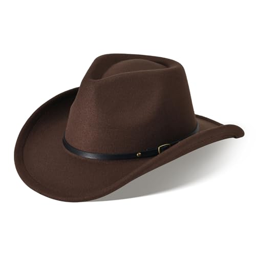 Ekulforg Cowboy Hut Damen mit Band Westernhut Cowboyhut Herren Cowboy Hut aus Filz Breiter Krempe für Erwachsene Karneval Fasching (DE/NL/SE/PL Alphanumerisch M Braun 03)