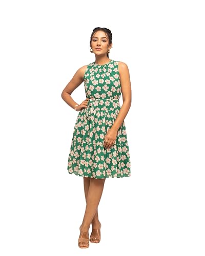 Image of FIORRA Women's Fit And Flare Knee Length Georgette Floral Printed Knee-Length Western Dress Dr0012