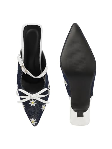 Image of TRYME Denim Embroidered Mules Style Bow Pointed Toe Slip-on Stilettos Heel Sandals for Womens and Girls