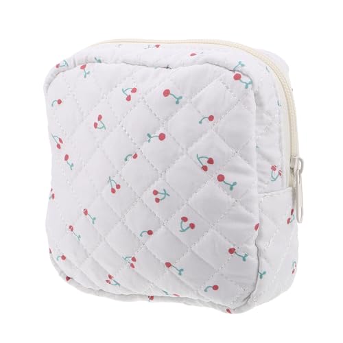 FONDOTIN Bolsa Menstruación Acolchada Blanca con Estampado de Cerezas Neceser Pequeño para Compresas Menstruales y Tampones Organizador Portátil para Higiene Femenina Viaje y Uso Diario