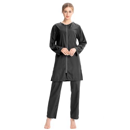 Muslim Womens Long Sleeve Swimsuits Plus Size Solid Color Muslim Full Cover Burkini Set