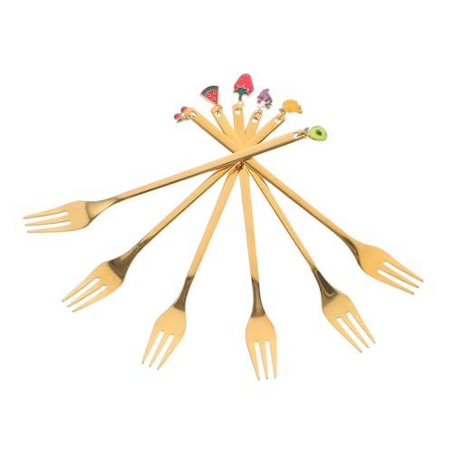 BRIGHTFUFU 6Pcs Decorative Dessert Fork Stainless Steel Small Forks for Ice Cream Cakes Fruit Lightweight Portable Forks with Fruit Pendant Design