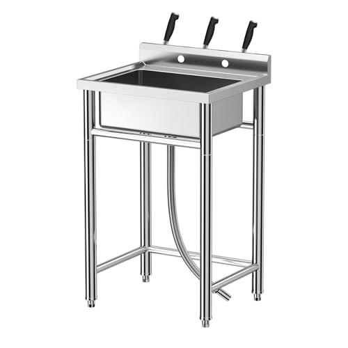 Free Standing Stainless Steel Utility Sink Single Bowl Commercial Sink Kitchen Sink for Restaurant Garage Laundry Room Bathroom Farmhouse Indoor Outdo