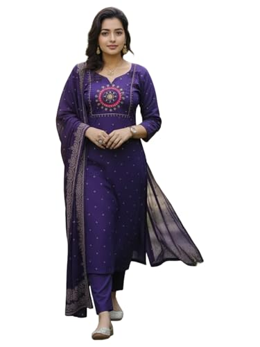 Image of ANNI Designer Women's Rayon Viscose Straight Embroidered Kurta with Pant and Dupatta | Ethnic Kurta Set for Festive, Office