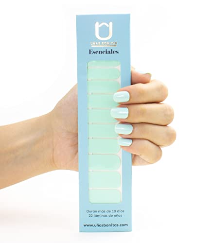 UÑAS BONITAS. Láminas de uñas adhesivas, esmalte sin tóxicos, manicura semipermante Colección Esenciales (Turquesa)