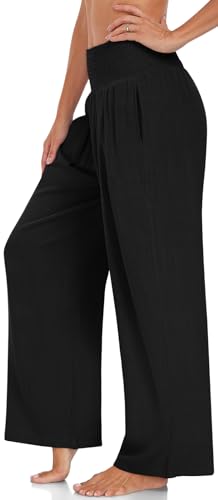 UEU Women's Linen Palazzo Pants Wide Leg High Waisted Lounge Casual Beach Pants with Pockets3