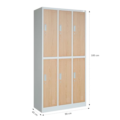 Jan Nowak Casier vestiaire 3B2A Armoire Metallique 6 Compartiments Revêtement en Poudre 185 cm x 90 cm x 45 cm (Blanc/Imitation Bois) – vue 3