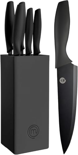 MasterChef Universal Kitchen Knife Set with Taco Stand with Set for Bread Onion Chef Meat and Paring in Stainless Steel 5 Pieces Black Stainless Steel Black Soft Touch