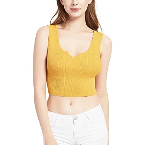 Kallspin Women's Summer Crop Tops Ribbed Knit Crop Camisole with Sleeveless Straps for Cute Sexy Style - yellow - Large Cover