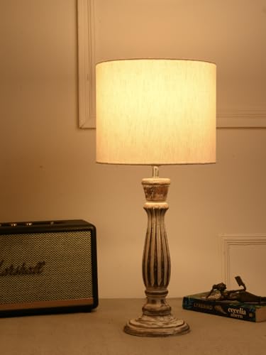 Image of Green Girgit Athens Wooden Lamp in Distress White Color with Jute White Shade, Vintage Style Table Lamp with Fluted Base & Beige Fabric Shade (LED Bulb Included)