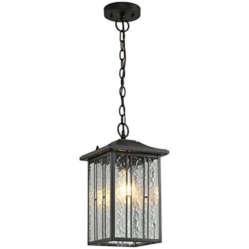 Smeike Outdoor Pendant Light, Black Exterior Hanging Lights, Led Outdoor Chandelier, Modern Hanging Lantern For Porch, Ceiling Entry Porch Patio Matte Black With Water-Rippled Glasses #TOP13