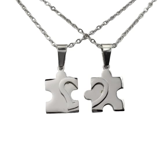 2 Stück Personalisierte Ketten mit Gravur Edelstahl 45-60 cm Herz Puzzle in silber - Halsketten für Männer Frauen - Personalisierter Schmuck Paare Damen Herren Freunde - Partner Halsketten