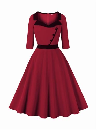Damen Retro-Kleid mit Knöpfen, Burgunderrot, Patchwork, wadenlang, Swing-Kleid, claret, XL