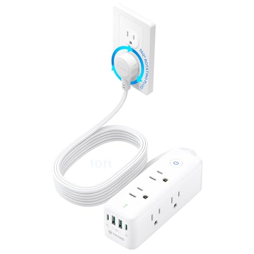 Image of TROND 360 Rotating Plug Surge Protector Power Strip with USB C PD20W, White | 6 Widely Spaced Outlets, 1440J Surge Protection, Wall-Mountable Design, 10ft Flat Extension Cord for Home Office Dormitory