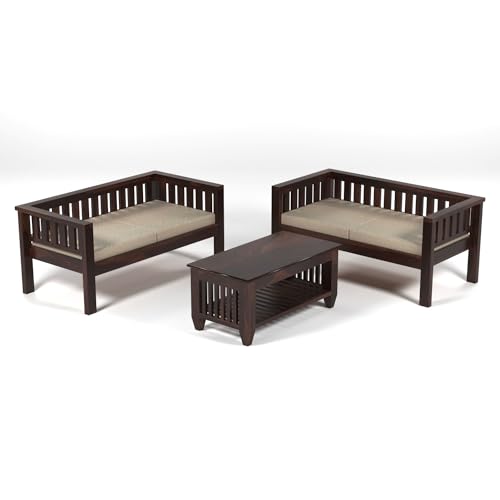 Image of Sheesham Wood 4 Seater Low Height Sofa Set for Living Room | 4 Seater Sofa Set | Wooden Sofa Set | Beige Cushion (2+2, Walnut Finish)