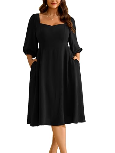 Image of RWJ Plus Size Dress for Women Fall 3 /4 Sleeve Sweetheart Neck Aline Casual Wedding Guest Formal Midi Dresses with Pockets