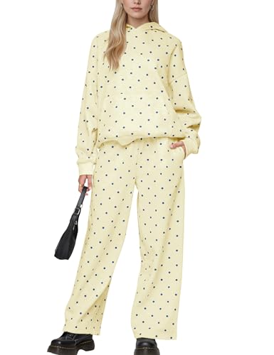 Lauweion Polka Dot Set for Women’s Oversized Hooded Sweatshirts and Wide Leg Sweatpants Casual 2 Piece Outfits Tracksuit
