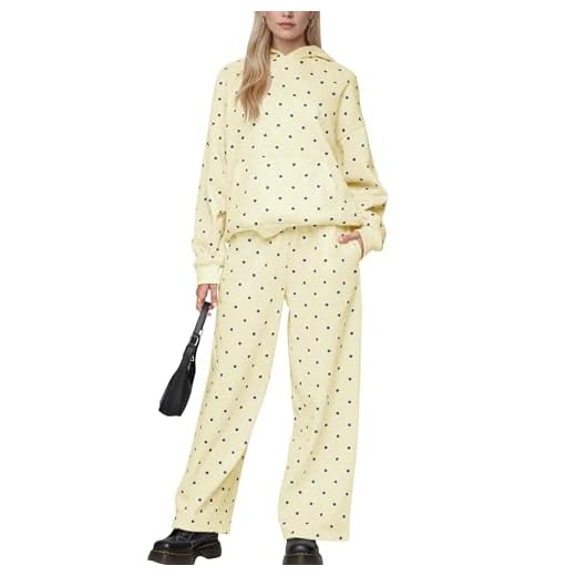 Lauweion Polka Dot Set for Women’s Oversized Hooded Sweatshirts and Wide Leg Sweatpants Casual 2 Piece Outfits Tracksuit