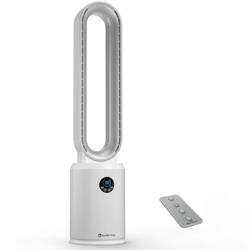 Comfort Zone Tower Fan for Bedroom, 40 inch Bladeless Stand Fan with Remote Control, 9H Timer, Wide Area Oscillation, Push Button Digital Display, 3 Speed Home Floor Fan, White/Silver