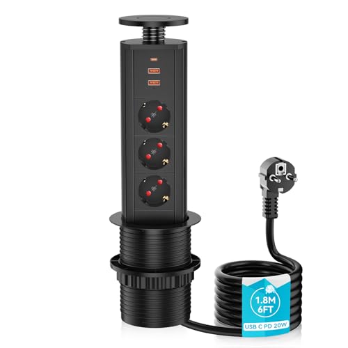 Prise de Table escamotable 3 Compartiments USB C 20W, Prise Cuisine Airmom escamotable avec 3 USB, câble 1,8m, Noir