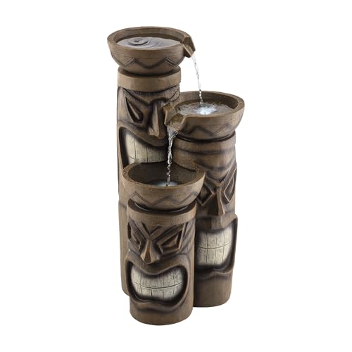 Alpine Corporation 29"H Outdoor 3-Tiered Tiki Head Bowl Waterfall Floor Fountain with Cool White LED Lights, Brown by Alpine Corporation - Image 8